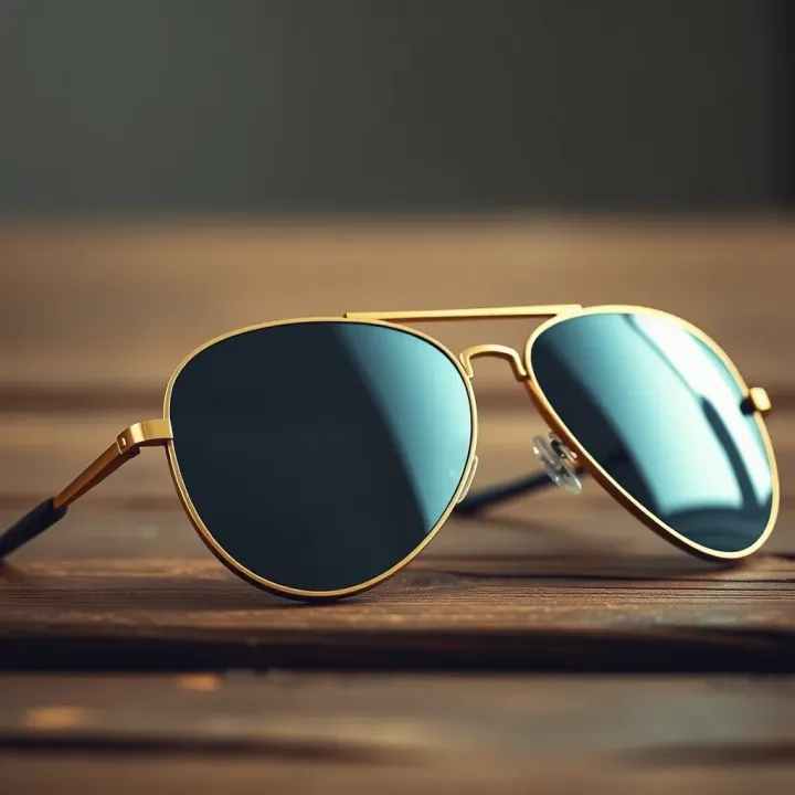 Classic aviator glasses with reflective lenses placed on a wooden surface highlighting their sleek metal frame design