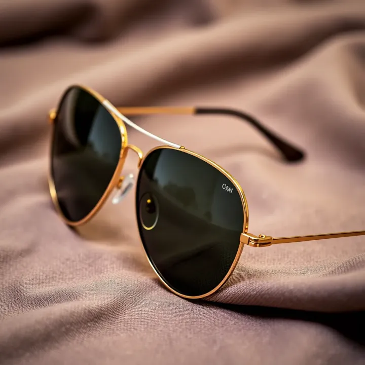 Aviator Glasses Design Features and Sun Protection Close-up of aviator glasses resting on a textured fabric background, showcasing the thin metal arms and tinted lenses ideal for sun protection