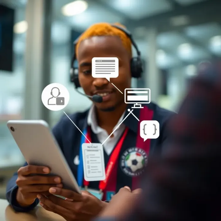 Illustration of customer support interaction on a digital device with communication icons representing assistance and document submission