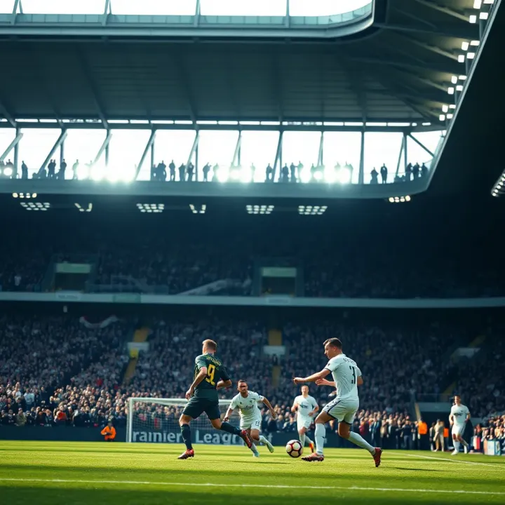 Premier League stadium filled with fans and players engaged in an intense football match