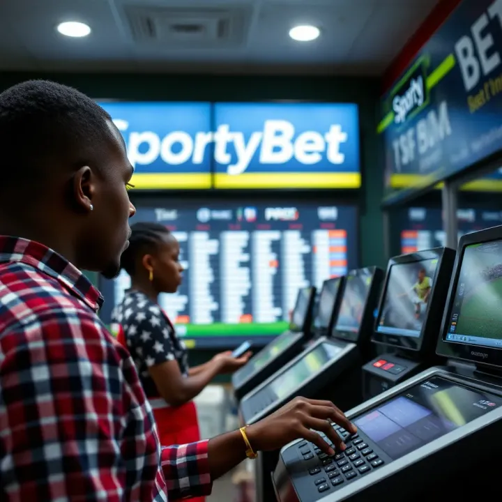 Customer placing a sports bet using digital terminals inside a Sporty Bet shop