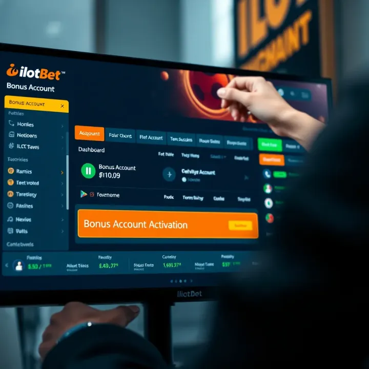 Screenshot showing the iLotBet dashboard with bonus account activation highlighted