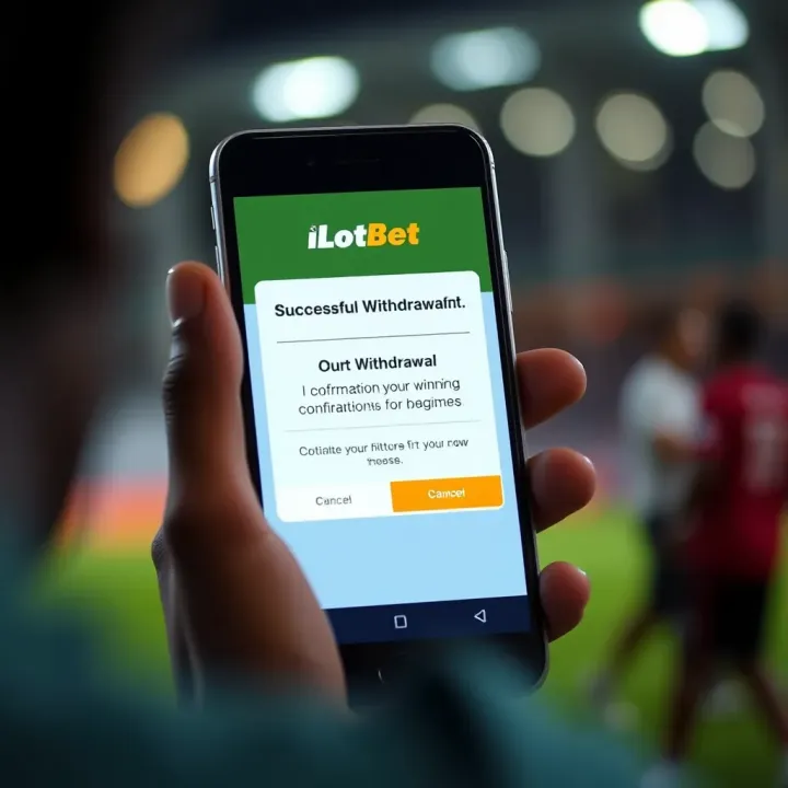 Mobile phone displaying a successful withdrawal confirmation screen from iLotBet app