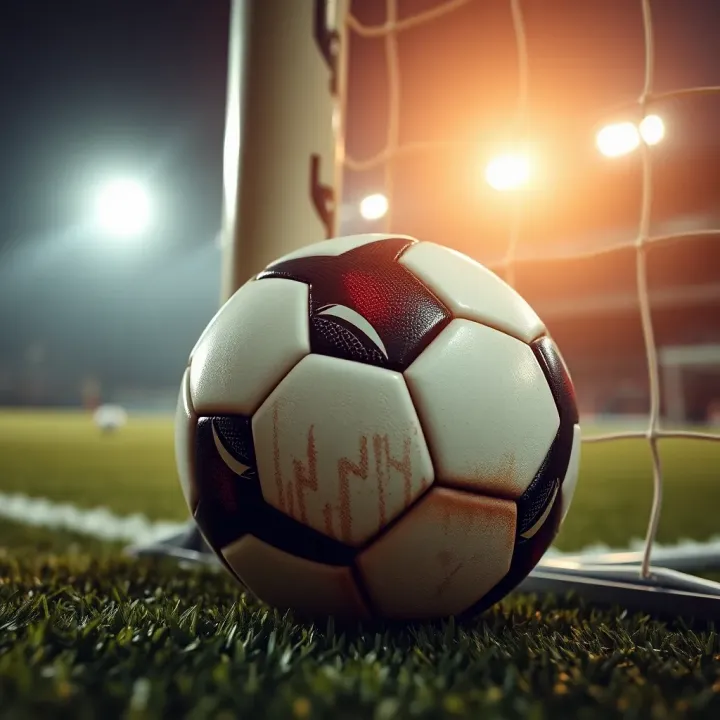 Close-up of a soccer ball near a goal post during an intense game moment