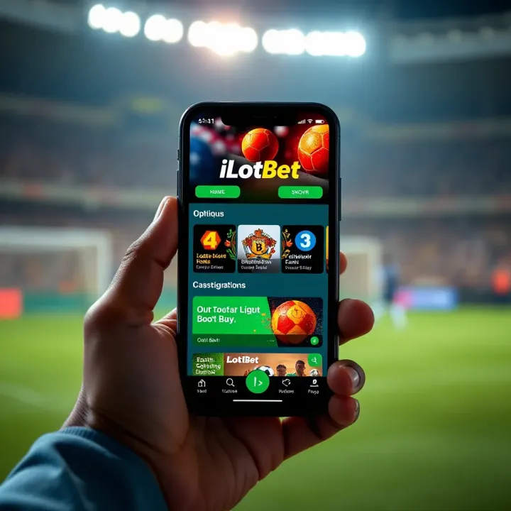 Mobile phone screen showing the iLotBet app home interface with betting options and navigation menu