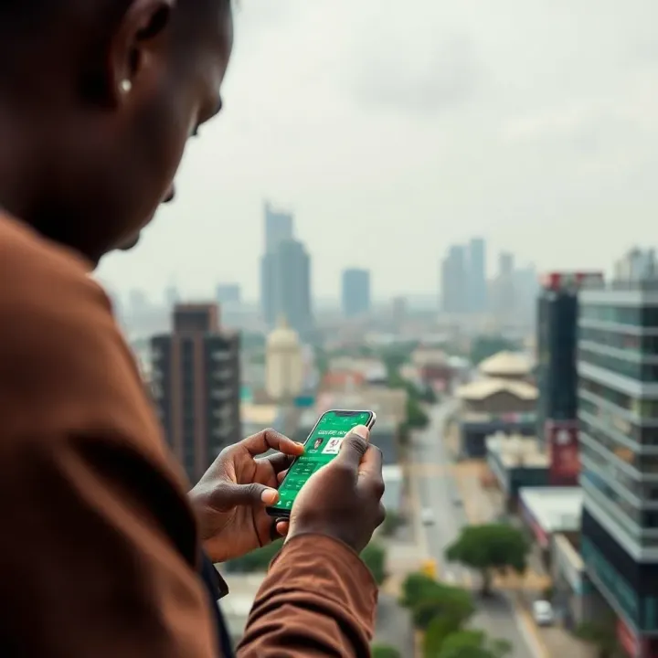 User navigating Ilotbet app on smartphone with Lagos cityscape in the background