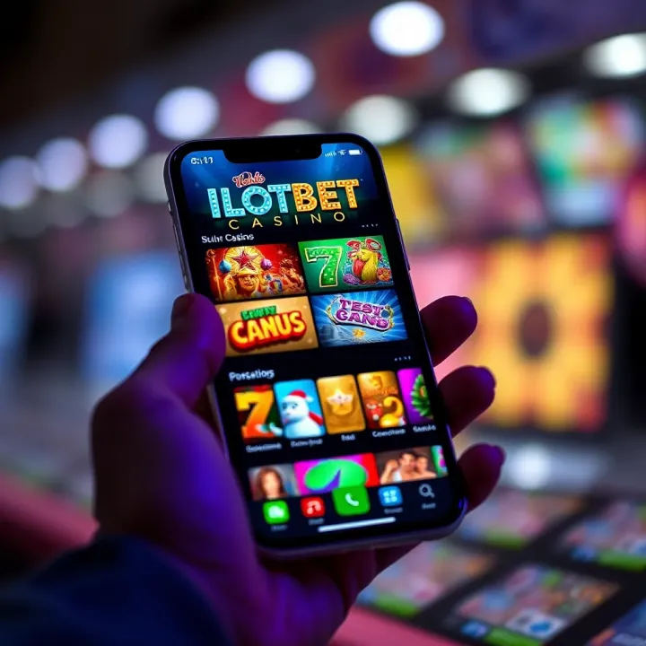 Mobile phone displaying Ilotbet Casino app interface with various casino game icons and vibrant colors