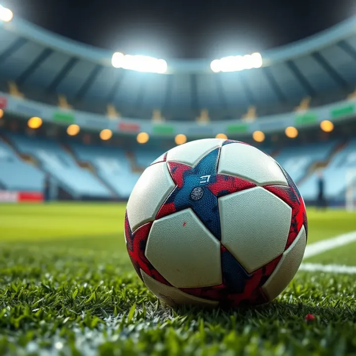 Soccer ball on a green field under stadium lights during a Europa League match