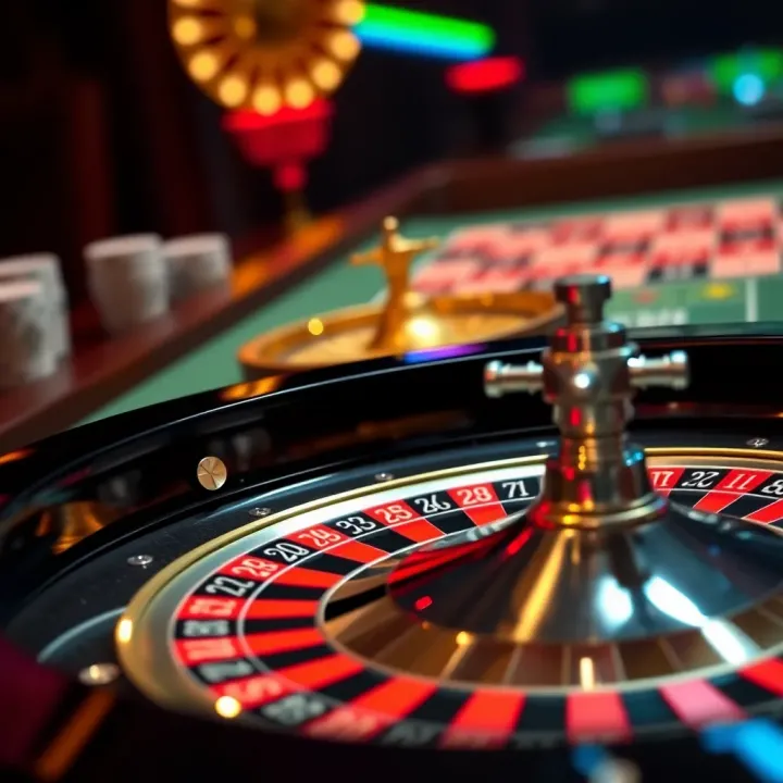 French Roulette wheel with highlighted betting areas and chips on a casino table