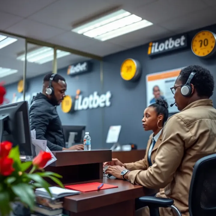 Customer service desk at iLotbet office with staff assisting a visitor