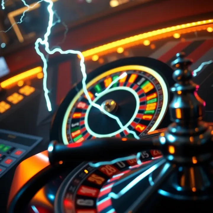 Brightly lit roulette wheel with highlighted lightning multipliers on betting table