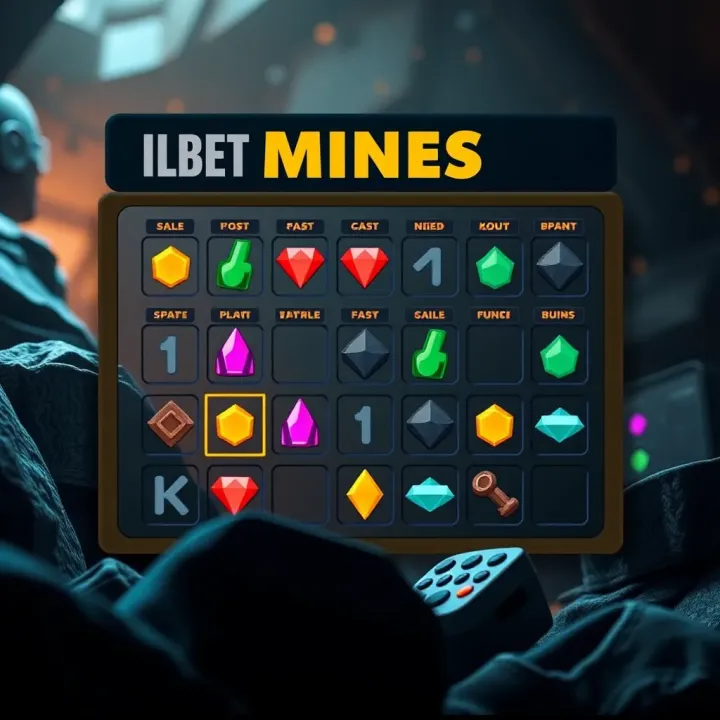 Illustration of the IlotBet Mines game interface showing a grid of clickable squares with hidden rewards underneath