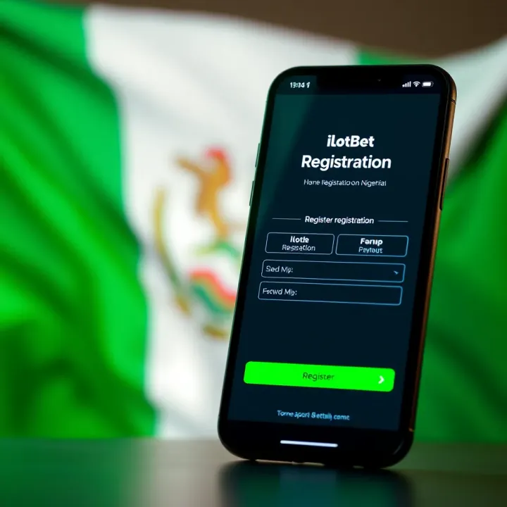 Mobile phone displaying iLotBet registration form with Nigerian flag background