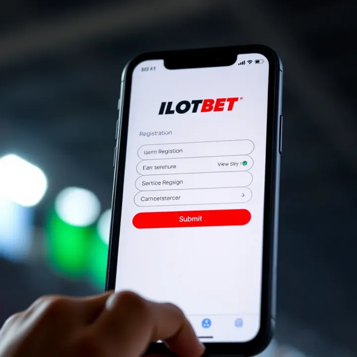 Mobile phone showing Ilotbet registration form with user input fields and submit button