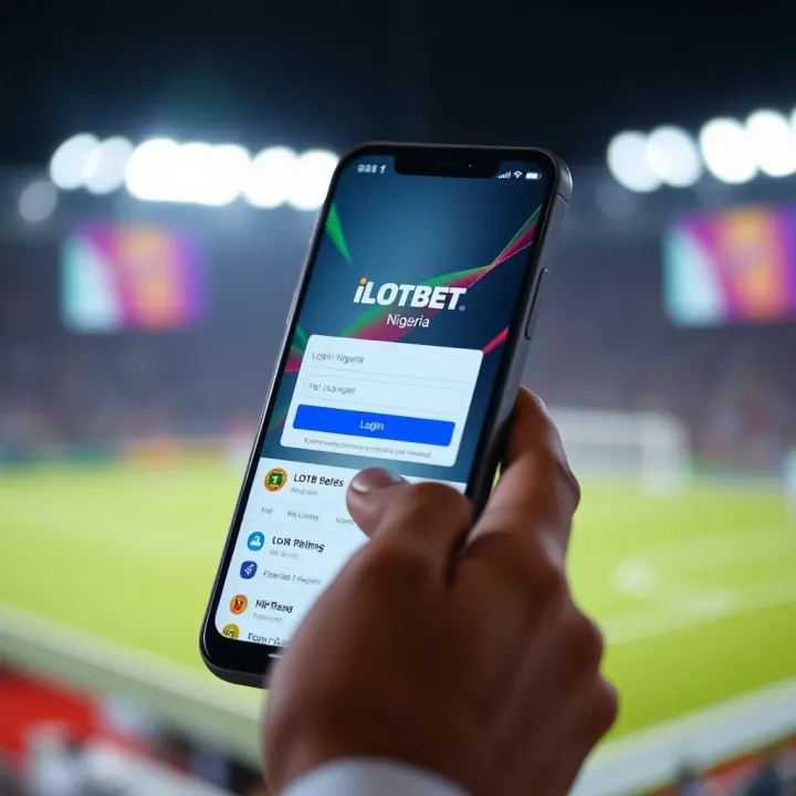 Mobile phone displaying iLOTBET Nigeria login screen with colorful betting options