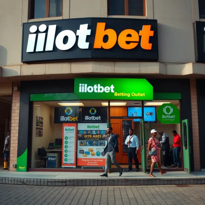 Exterior view of a typical Ilotbet retail shop in Nigeria with signage and customers engaged in betting activities
