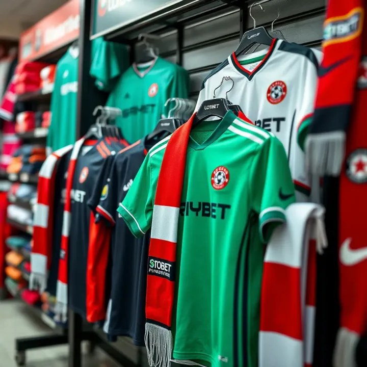 Display of Ilotbet Premier League official jerseys and scarves at a Nigerian sports merchandise store