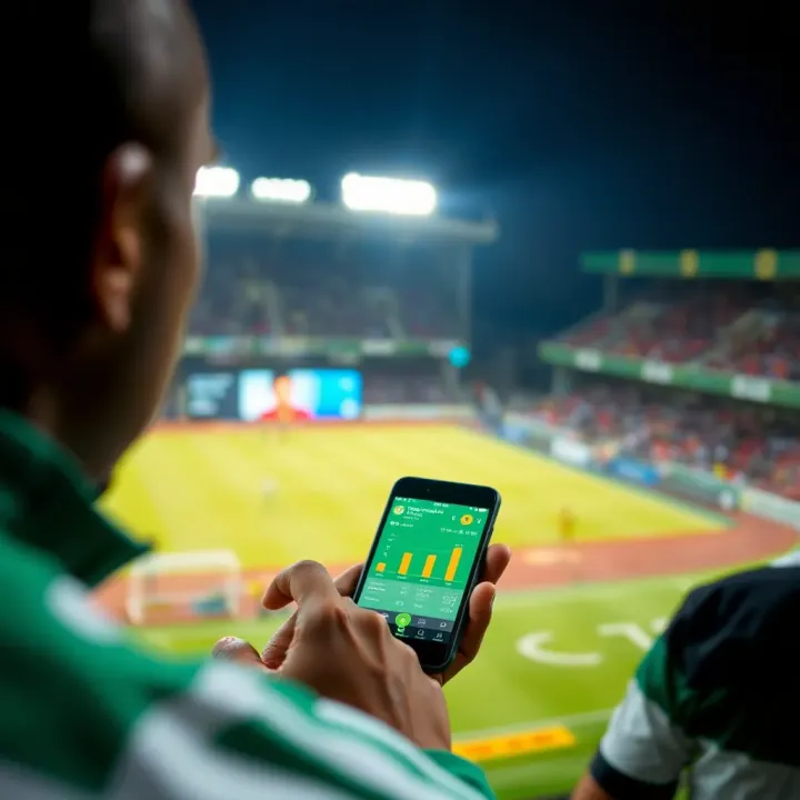 Nigerian sports bettor using a smartphone to access real-time match statistics and live betting options on iLotBet