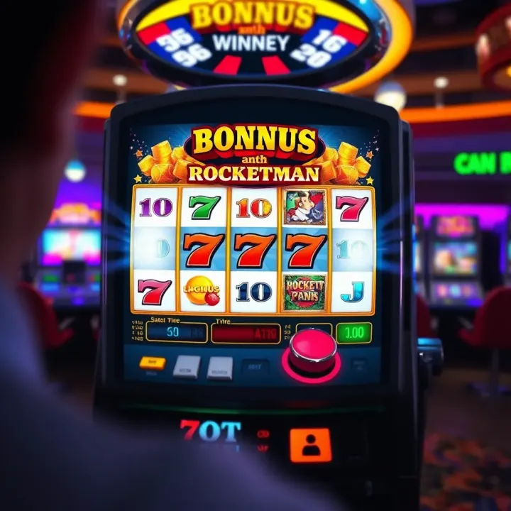 Bonus Features and Winning Highlights in Ilotbet Rocketman Demo Illustration of a digital slot machine displaying bonus features and potential winnings in Ilotbet Rocketman demo