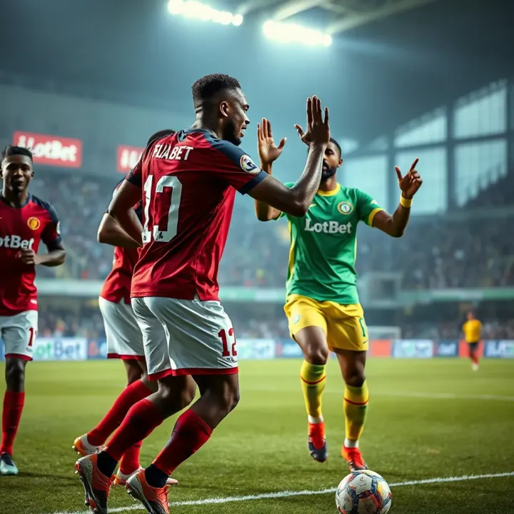 Football players celebrating a goal on the pitch with visible iLotBet branding in the background