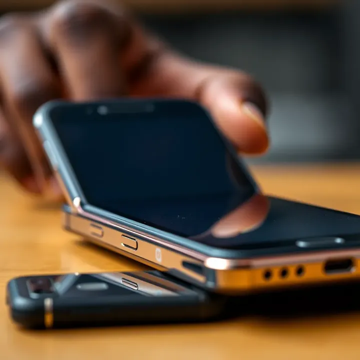 Close-up of a used mobile phone with visible screen and body condition details