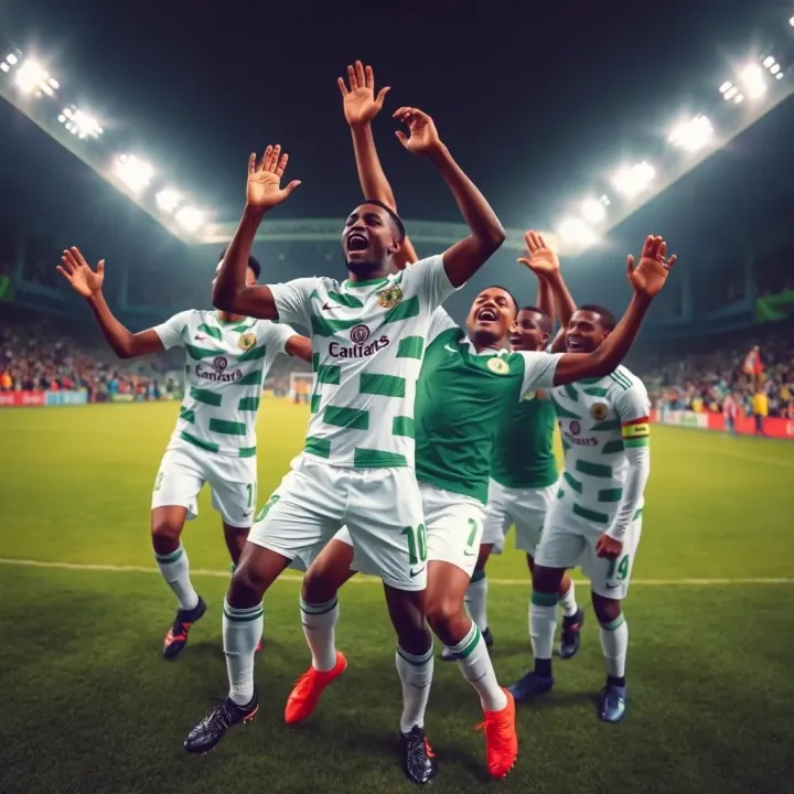 Super Eagles football players celebrating a goal on the field