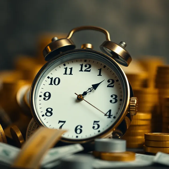 Clock with arrows signifying the flow of time and smooth financial transactions
