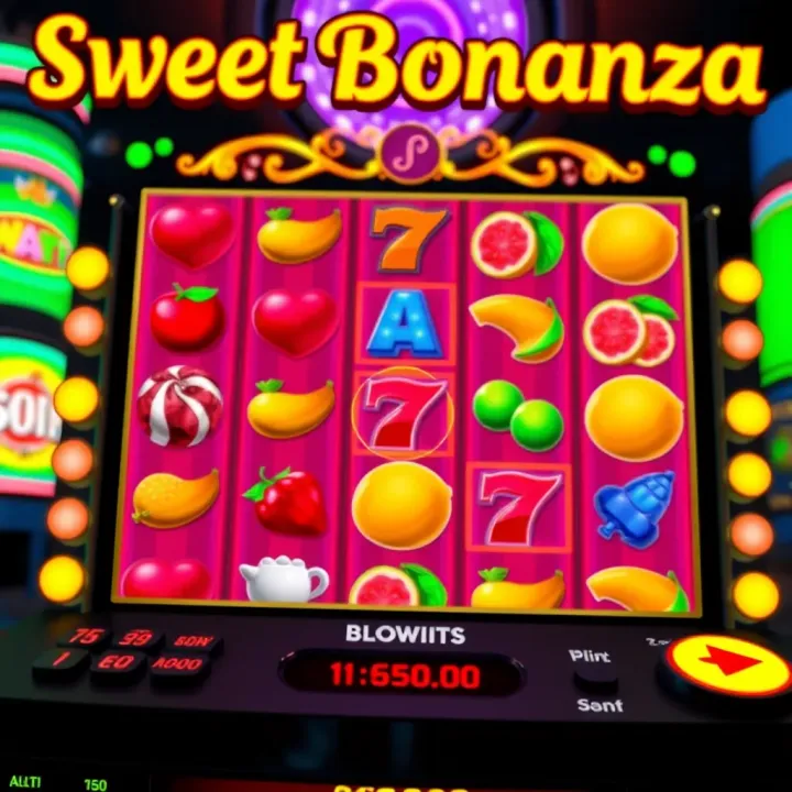Colorful Sweet Bonanza slot game interface displaying various fruit and candy symbols