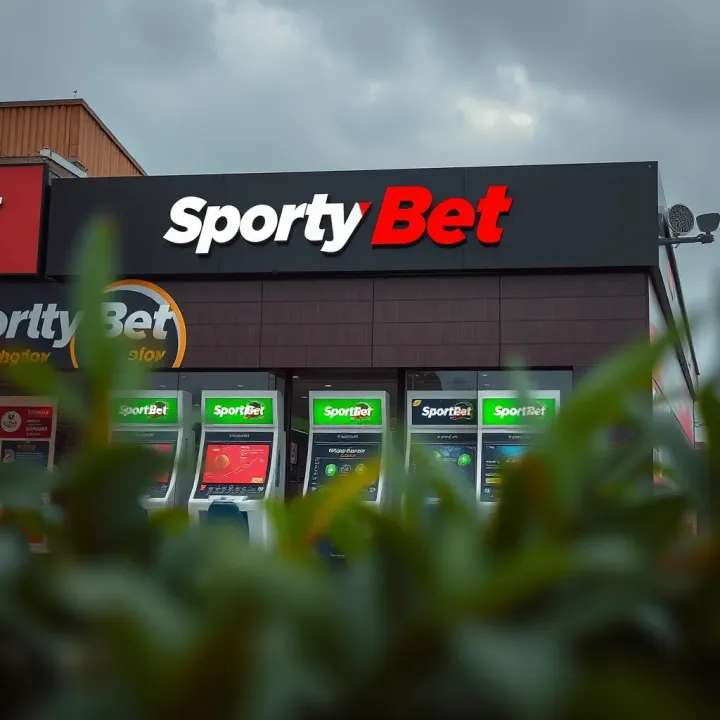 Exterior view of a Sporty Bet shop with branding and betting terminals visible